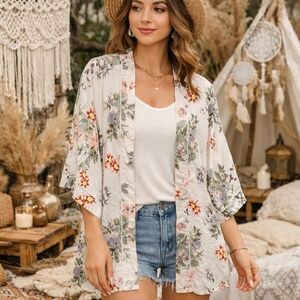 Trovare Floral Kimono Lightweight Open Front Boho Cottagecore Cardigan